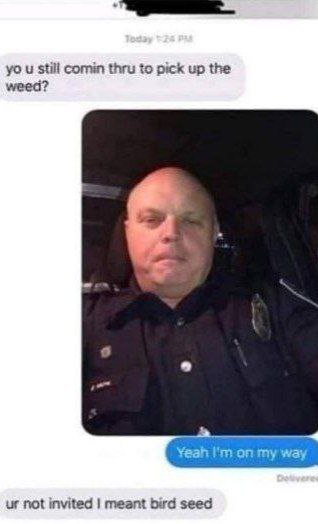 a man in a police uniform is texting a woman with a fake message